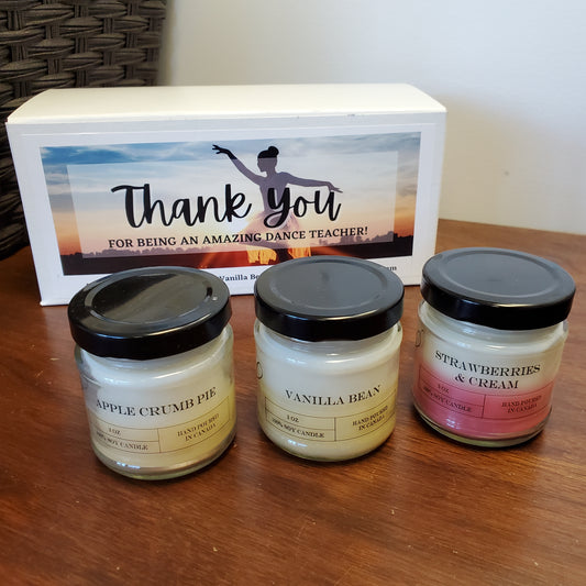 This Thank You for being an Amazing Dance Teacher Candle Sample set includes Apple Crumble Pie, Vanilla Bean, and Strawberries & Cream candles.