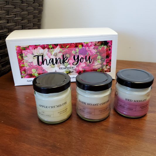 This Thank You Teacher set includes Apple Crumble Pie, Dark Roast Coffee, and Red Merlot Candles.