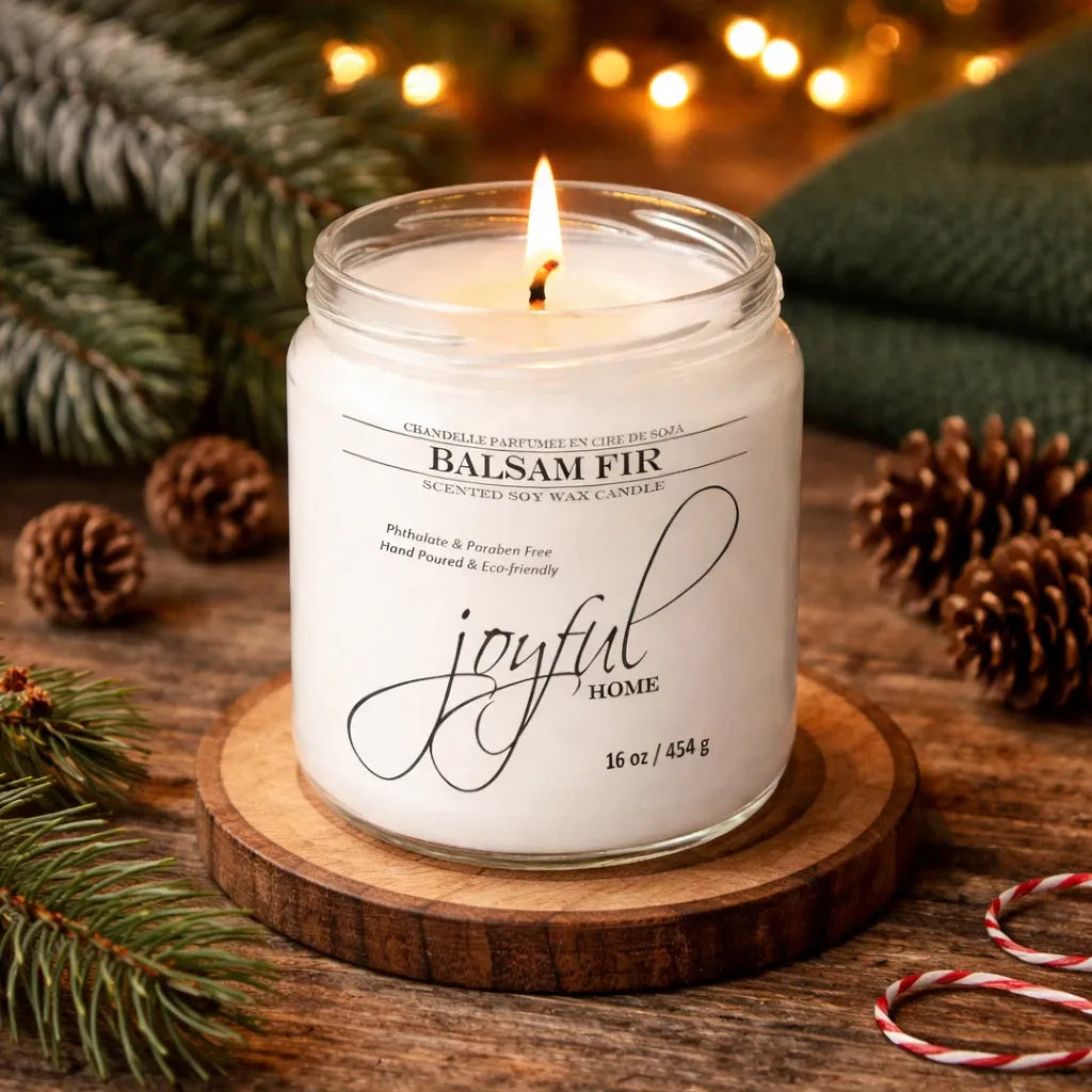 Joyful Home Balsam Fir Soy Wax Candle 16oz Scene