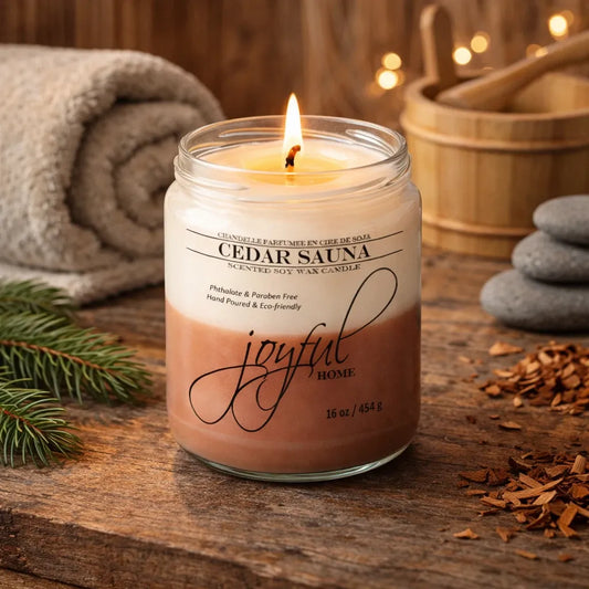Joyful Home Cedar Sauna Soy Wax Candle 16oz Scene