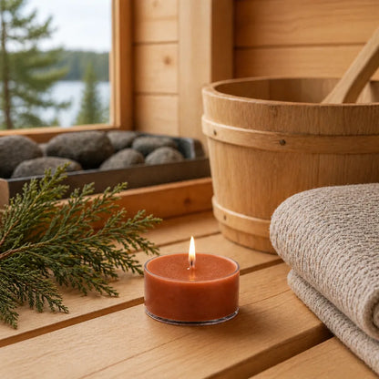 Joyful Home Cedar Sauna Soy Wax Tea Light Scene