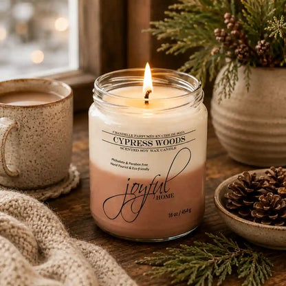 Joyful Home Cypress Woods Soy Wax Candle 16oz Scene