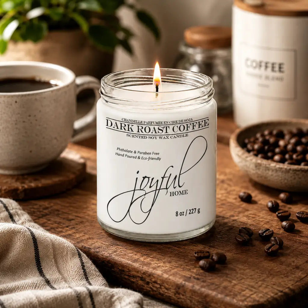 Joyful Home Dark Roast Coffee Soy Wax Candle 8oz Dye Free Scene