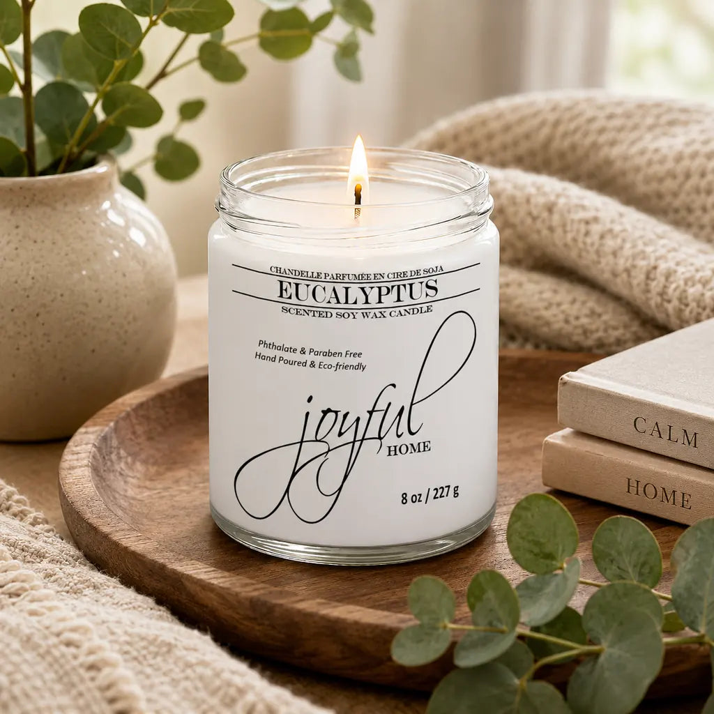 Joyful Home Eucalyptus Soy Wax Candle 8oz Dye Free Scene