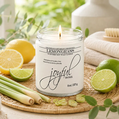 Joyful Home Lemongrass Soy Wax Candle 8oz Dye Free Scene