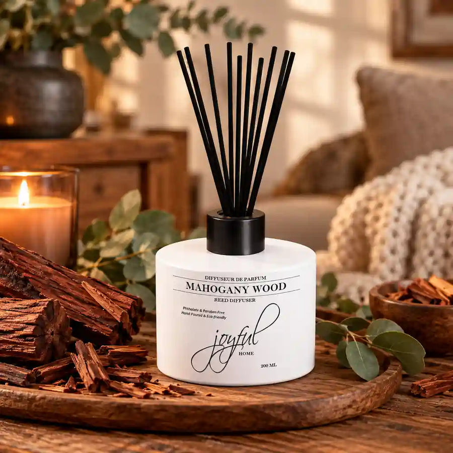Joyful Home Mahogany Wood Reed Diffuser Scene