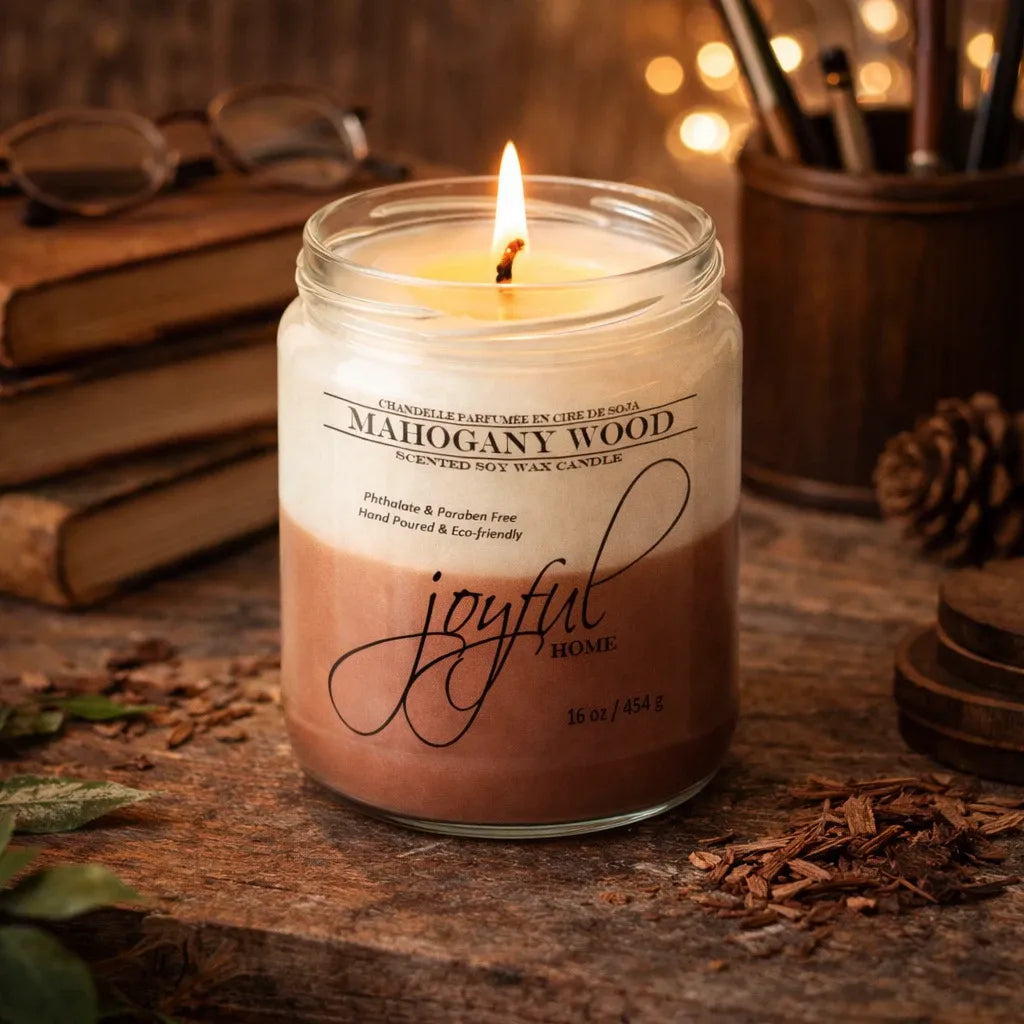 Joyful Home Mahogany Wood Soy Wax Candle 16oz Scene