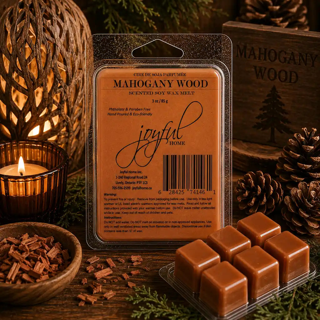 Joyful Home Mahogany Wood Soy Wax Melt Scene