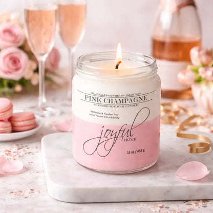 Joyful Home Pink Champagne Soy Wax Candle 16oz Scene