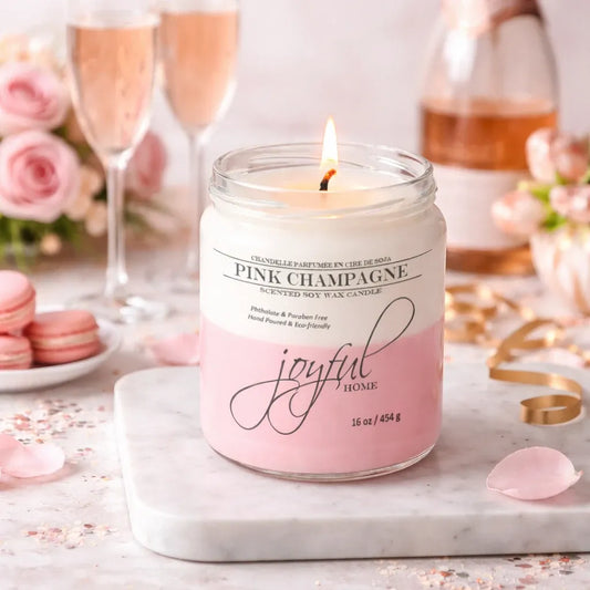 Joyful Home Pink Champagne Soy Wax Candle 16oz Scene