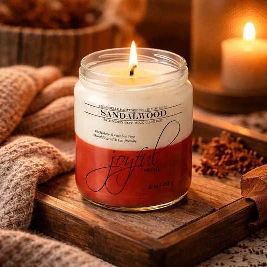 Joyful Home Sandalwood Soy Wax Candle 16oz Scene