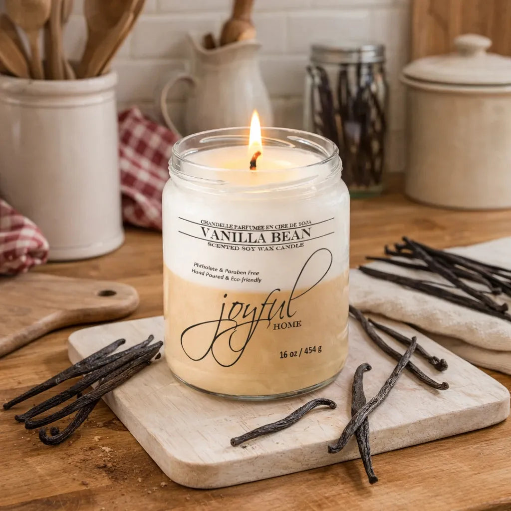 Joyful Home Vanilla Bean Soy Wax Candle 16oz Scene