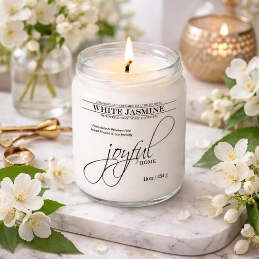 Joyful Home White Jasmine Soy Wax Candle 16oz Scene