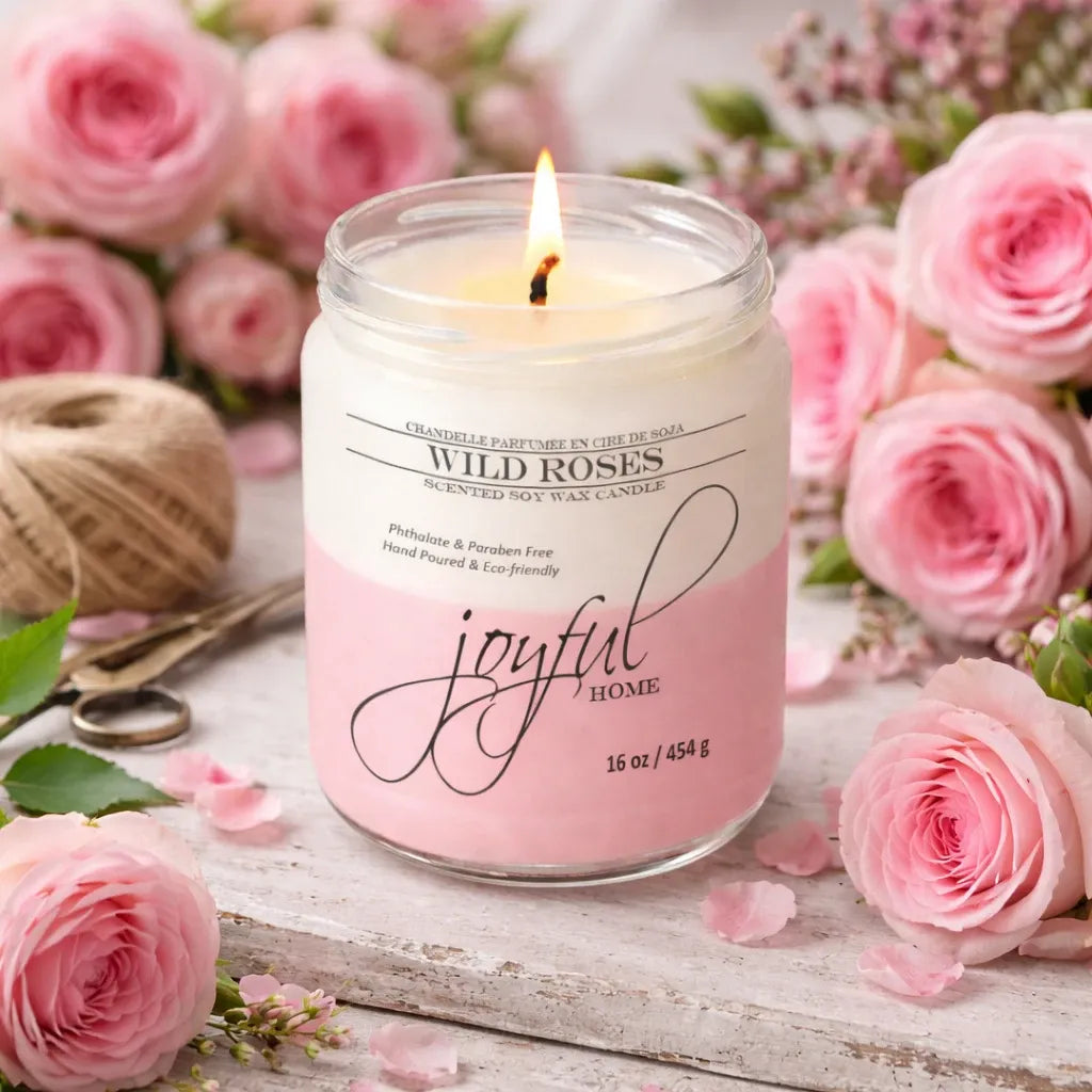Joyful Home Wild Roses Soy Wax Candle 16oz Scene