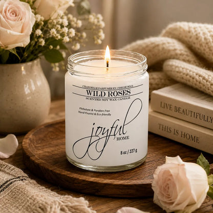 Joyful Home Wild Roses Soy Wax Candle 8oz Dye Free Scene