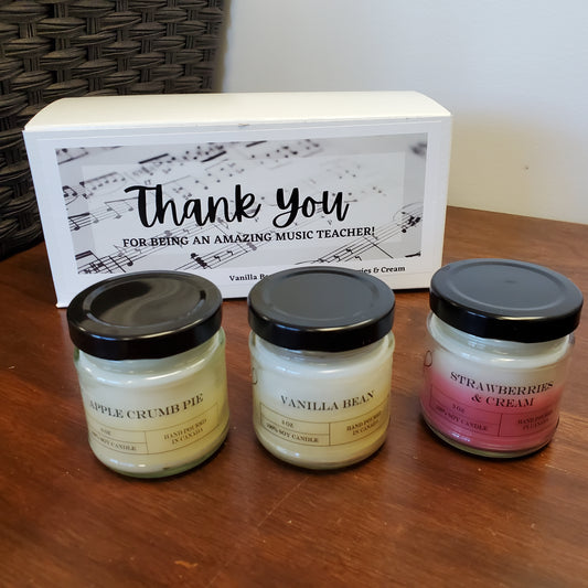 This Thank You for being an Amazing Music Teacher Candle Sample set includes 3oz Apple Crumble Pie, Vanilla Bean, and Strawberries & Cream candles.