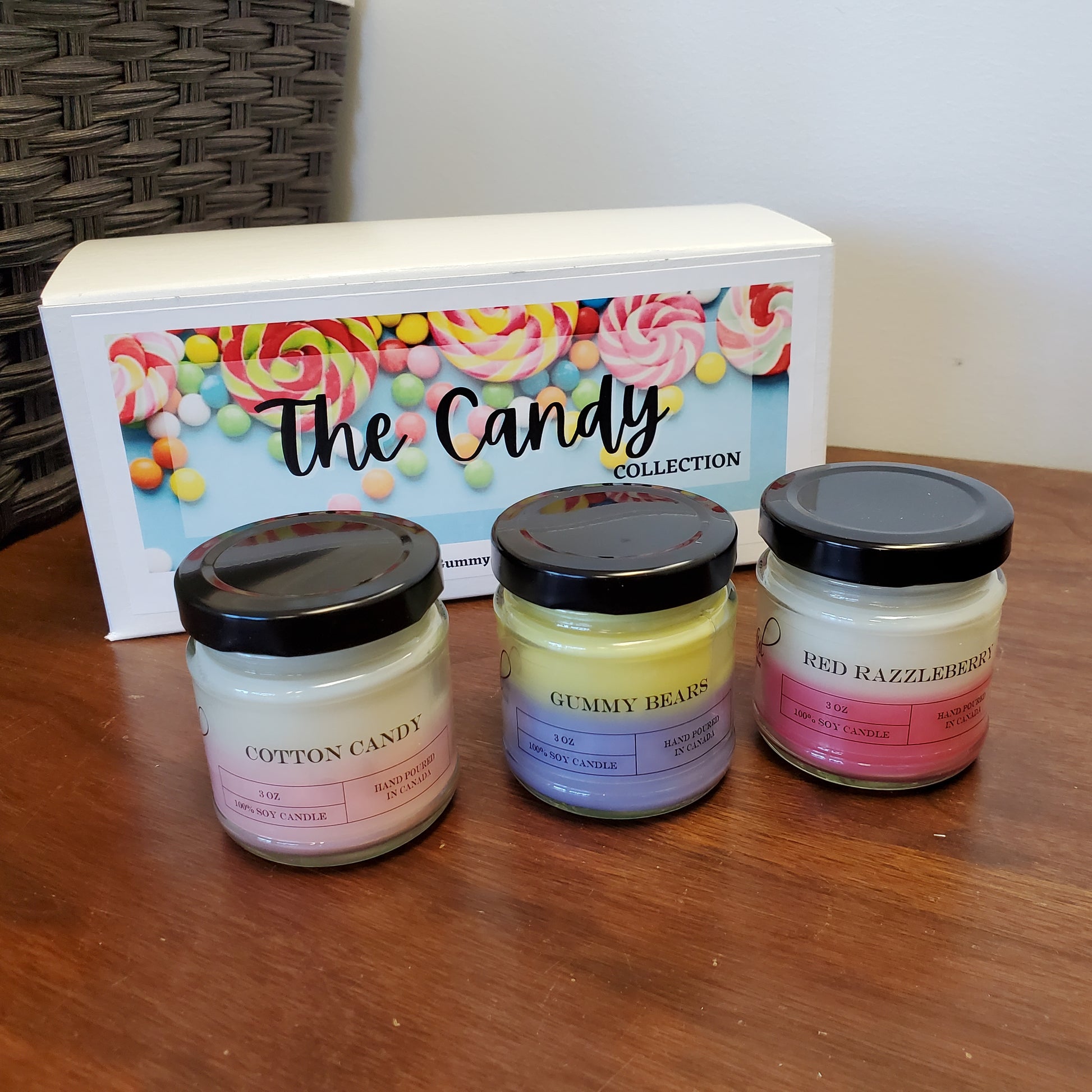 The Candy Collection Candle sample set includes Cotton Candy, Gummy Bears, and Red Razzleberries candles.