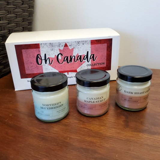 Our Oh Canada Candle Sample Set includes Northern Blueberry, Canadian Maple Syrup and Dark Roast Coffee.