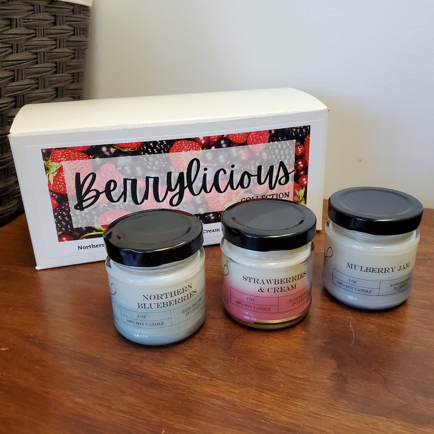 Our Berrylicious Candle Sample Set includes Northern Blueberry, Strawberries & Cream and Mulberry Jam.