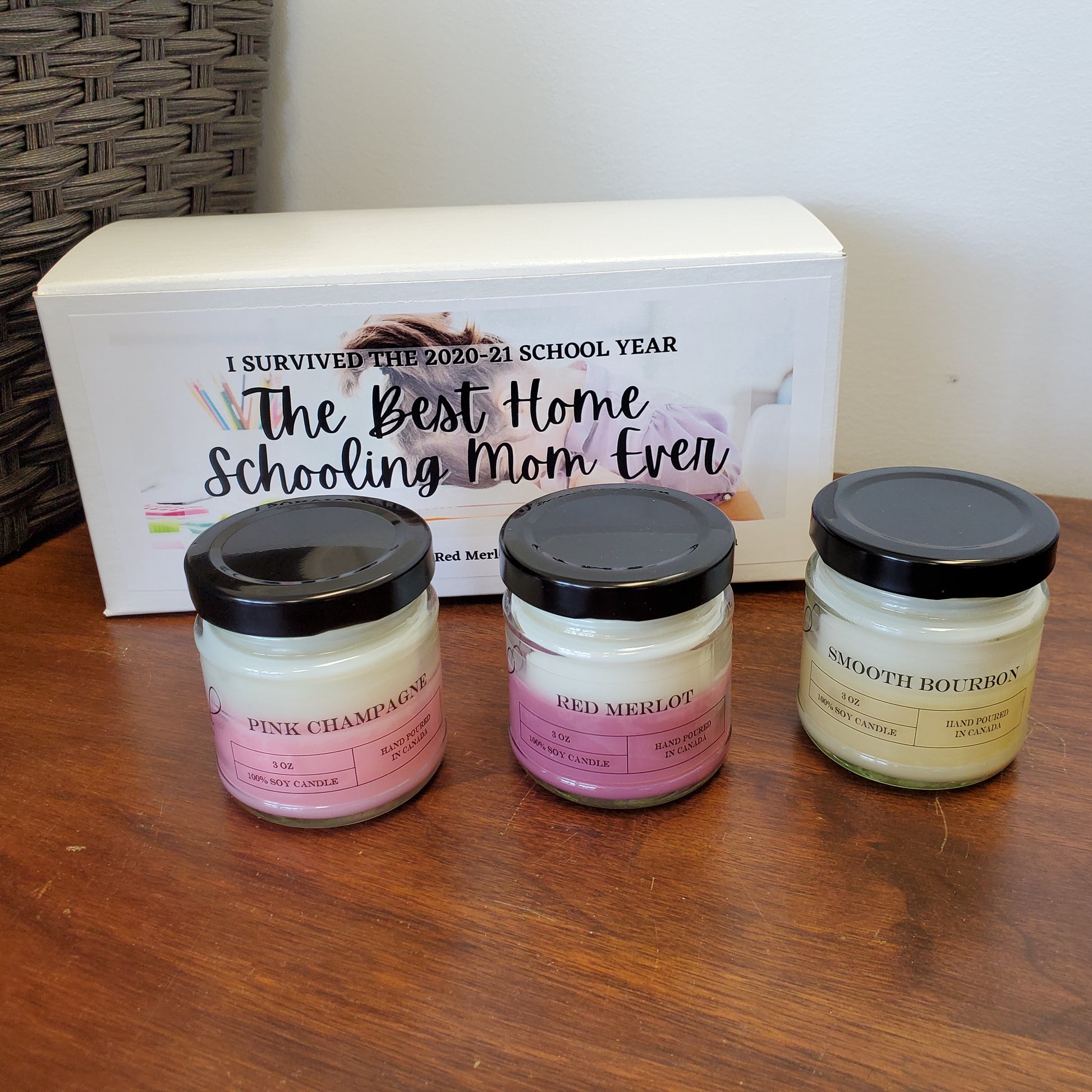 This Best Home Schooling Mom Ever Sample Sets includes Pink Champaign, Red Merlot and Smooth Bourbon.
